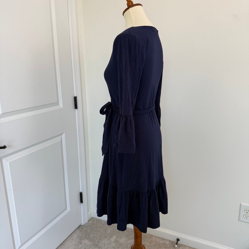 Lilly Pulitzer Navy Blue Ruffle Wrap Dress XS 3/4 Bell Sleeve V-Neck Jersey - Picture 3 of 12